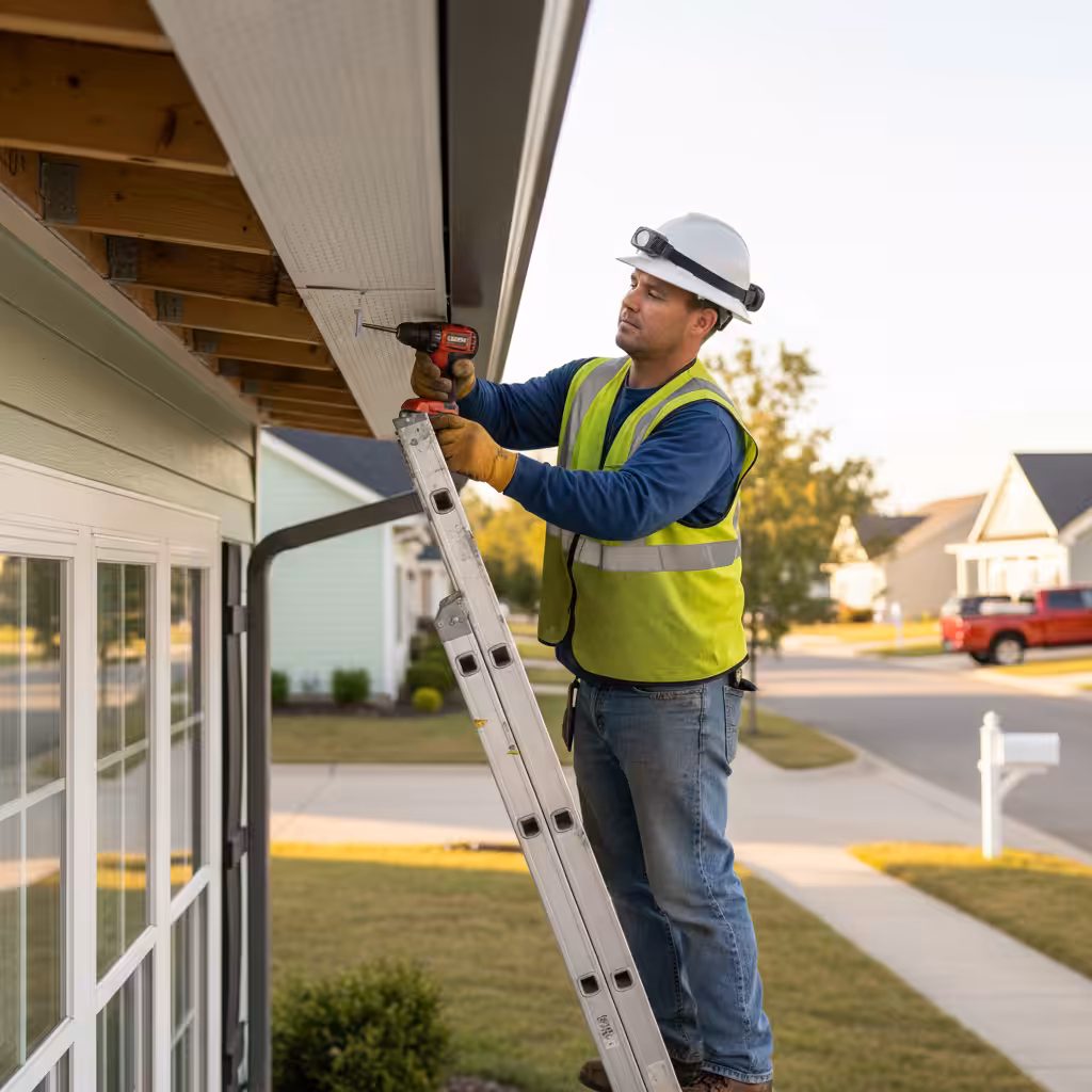 Construction worker on ladder fixing house roof soffit.